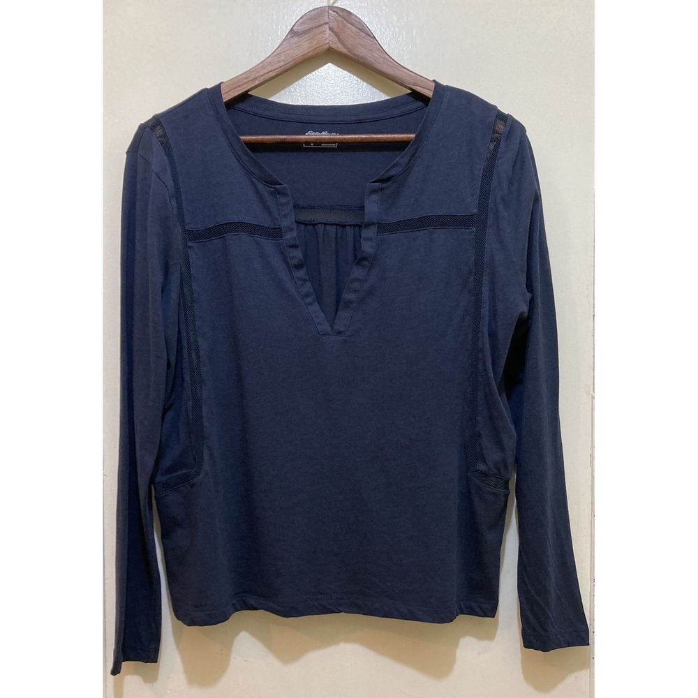 Eddie Bauer Top Womens M Navy Cotton Blend Split VNeck Mesh Trim Peasant Cottage